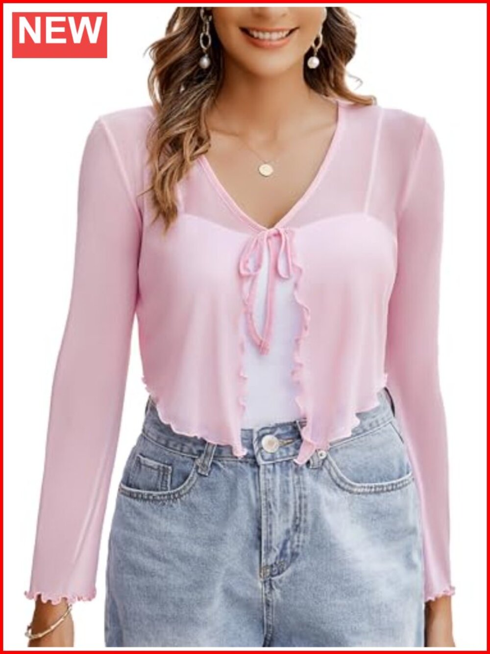 Sheer Mesh Tie Front Bell Sleeve Bolero Shrug Lightweight Summer Cover Up